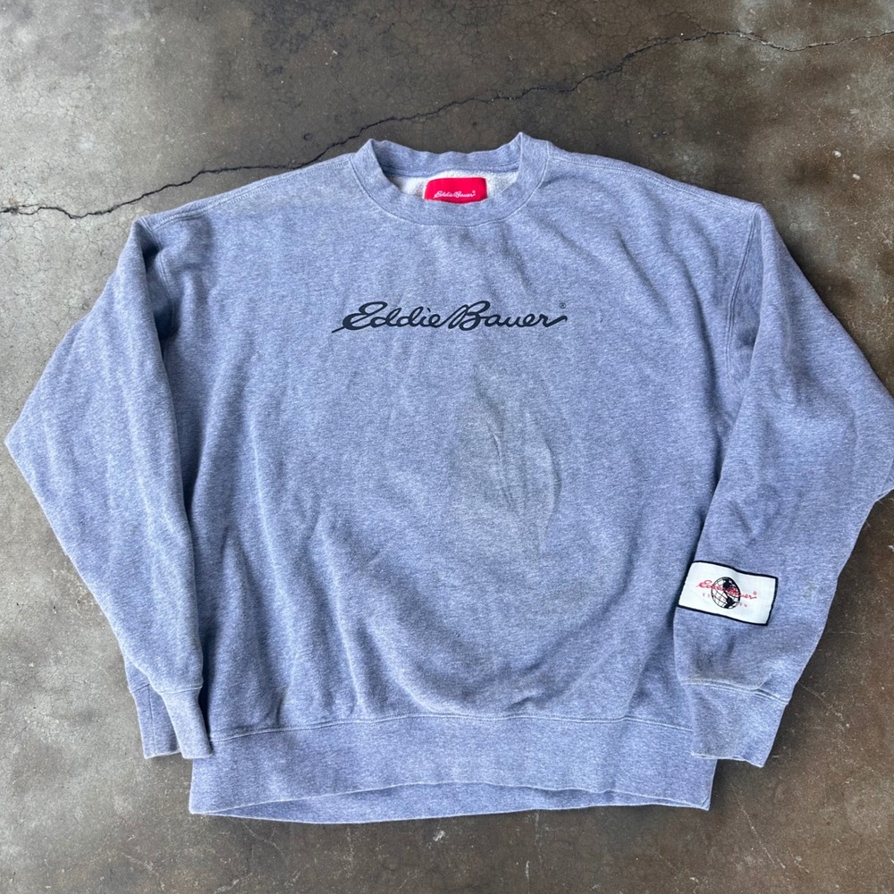 Eddie Bauer Sweatshirt Mens L Gray Good Expedition Mesh Back Pocket Script Logo